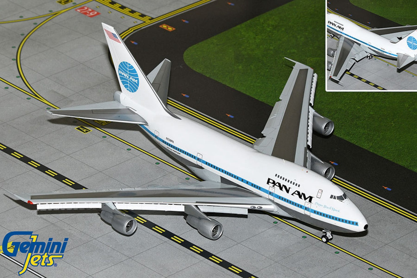 Pan Am Boeing 747SP N539PA Black Hawk flaps down 1/200 diecast GeminiJets
