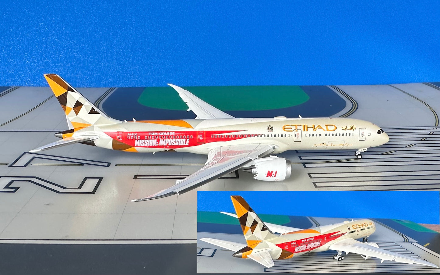 Etihad Boeing 787-9 A6-BLO Mission Impossible, flaps down 1:400 diecast JC Wings